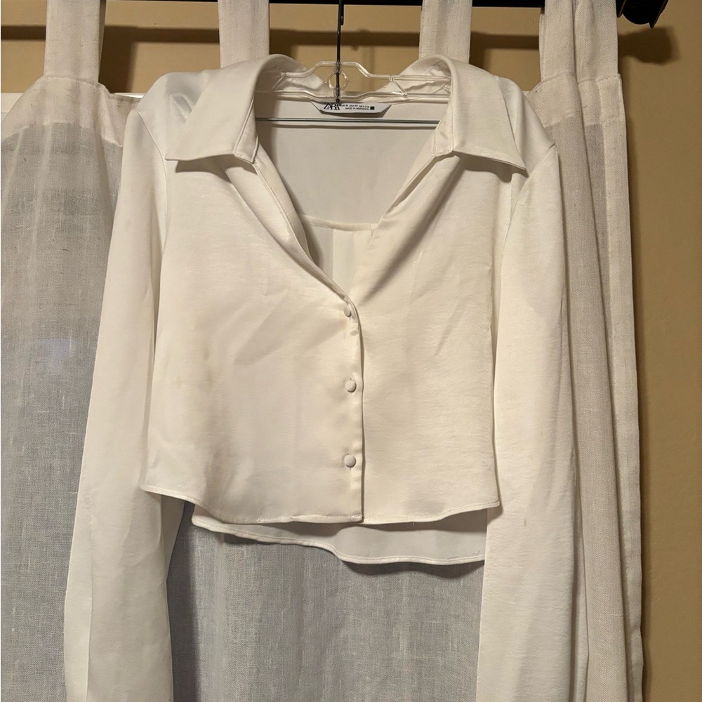Cropped White Button-Up Blouse